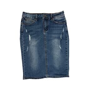 Chiqle Denim Architect Women’s Distressed Blue Denim Pencil Skirt Sz M